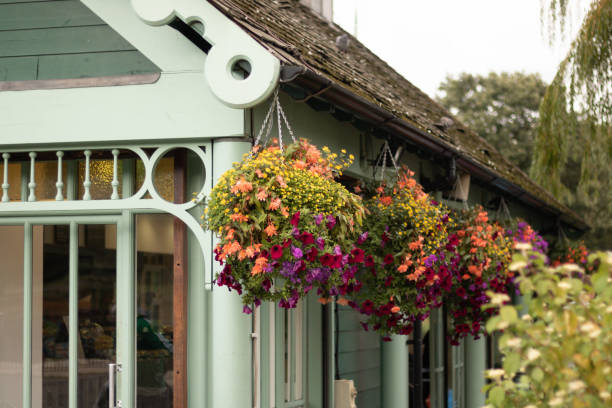Cleaning and storing hanging baskets after summer to maintain their condition.
