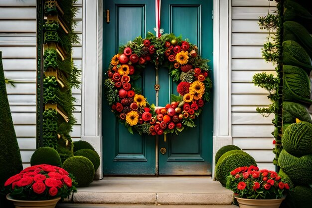 Front door decorated with Christmas wreath and garland