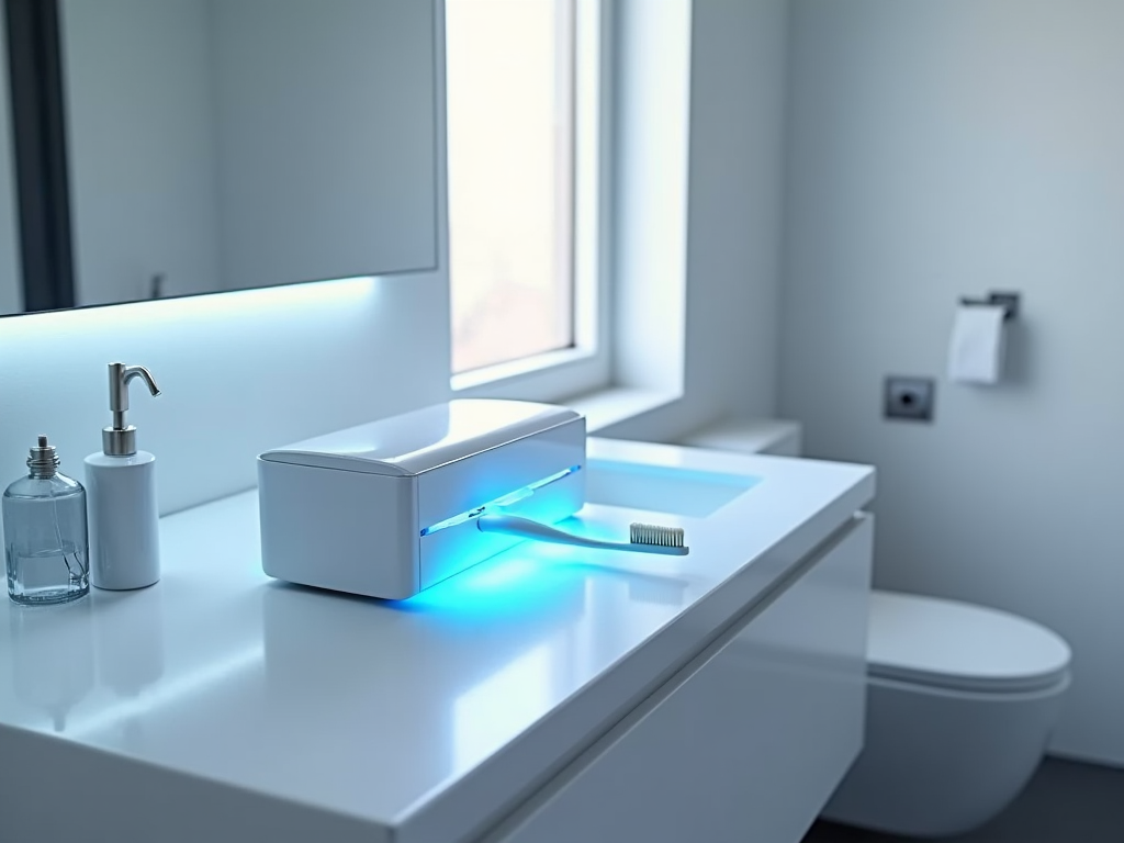 Modern bathroom with white sink, glowing blue light toothbrush, mirror, and toiletries by window.