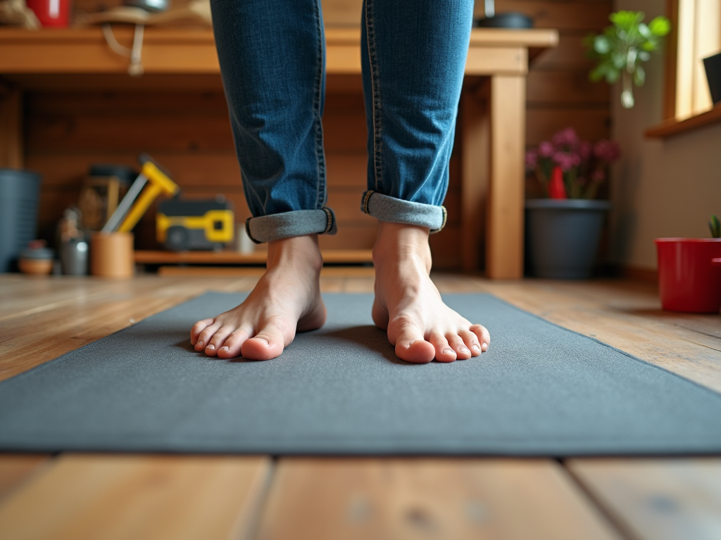 Bare feet standing on a yoga mat in a cozy home environment with wooden floors and plants.