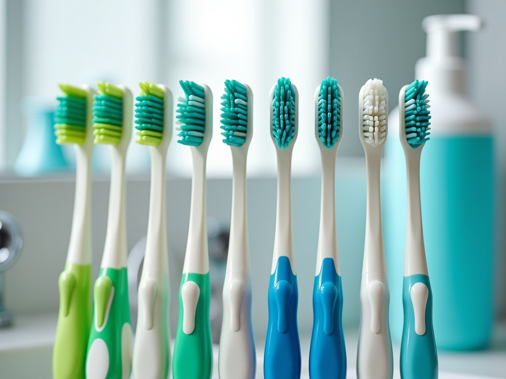 Row of various toothbrushes standing upright in a bright bathroom.